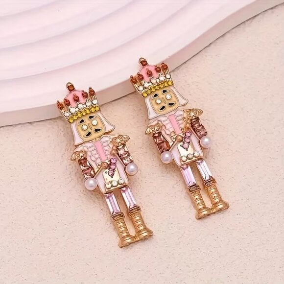 PINK Crystal Nutcracker Earrings Soldier Christmas Pave Stones 210A2 - Picture 2 of 7